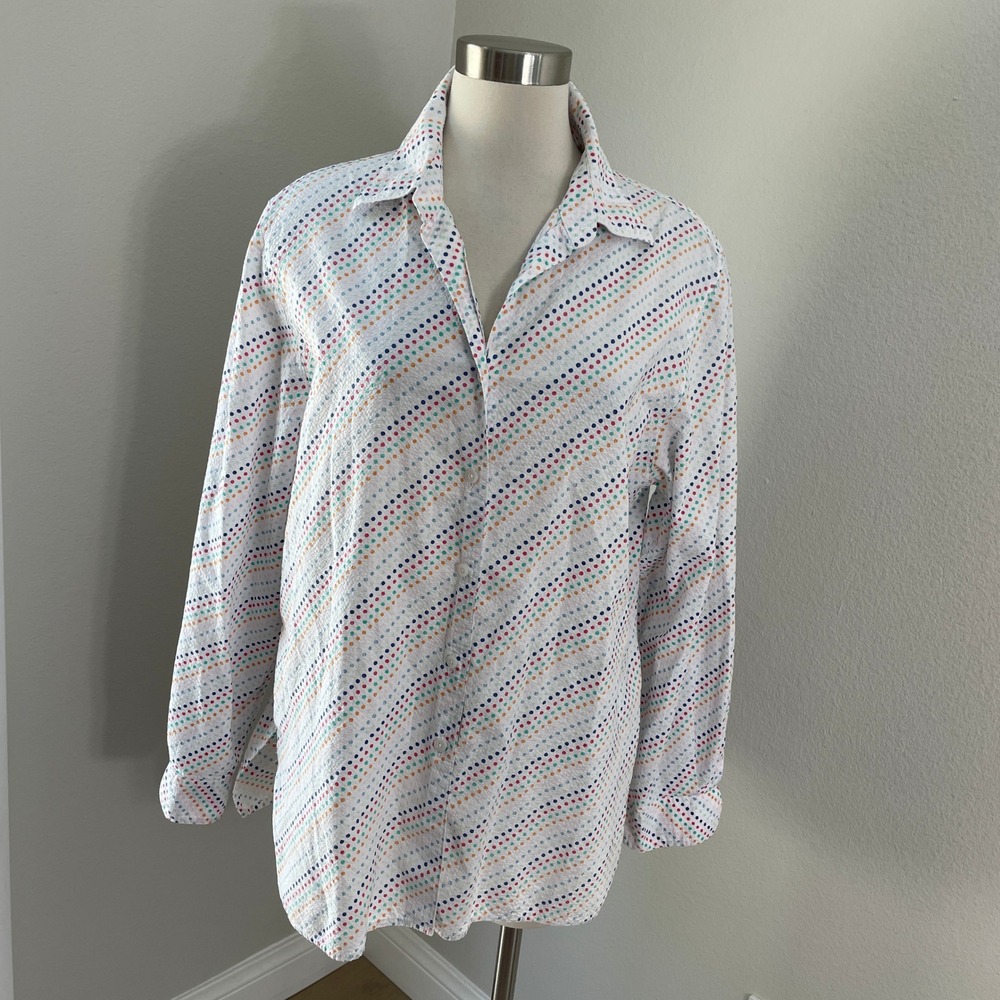 Foxcroft Womens 14 Classic Fit Polka Dot Button Up Shirt White Multi Blouse Top‎